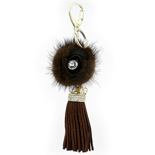 Key Chain - Rabbit Fur w/ Leather Tassels - Brown - KC-YI5333BN